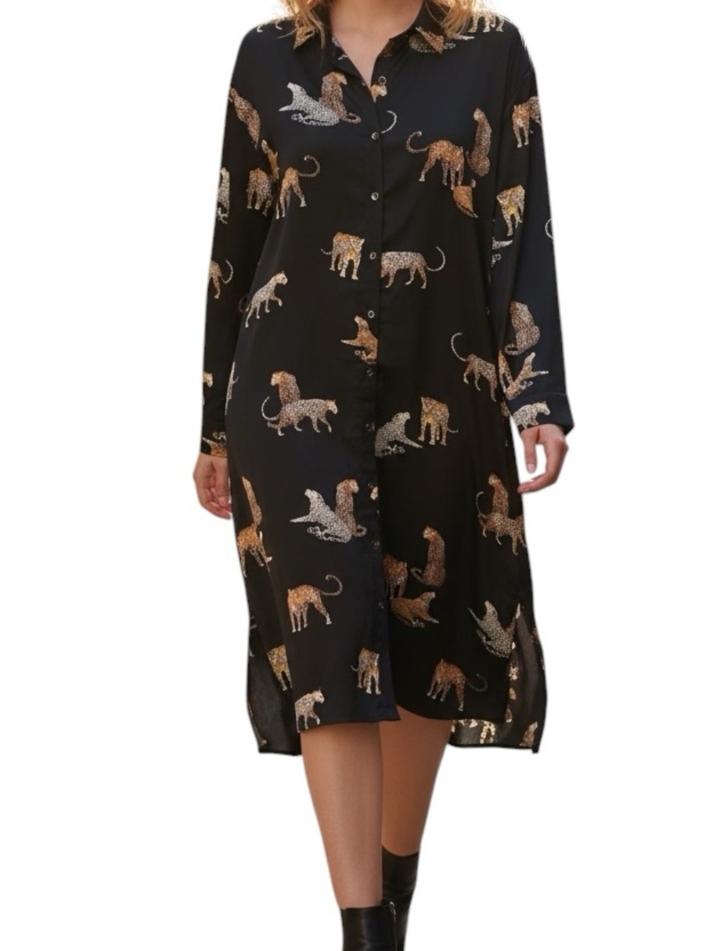 Umgee Black Shirt Dress with  Leopard Print Size L